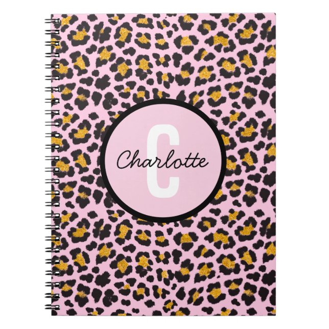 Cute Leopard Animal Print Monogram Rosa Guld Anteckningsbok (Framsidan)