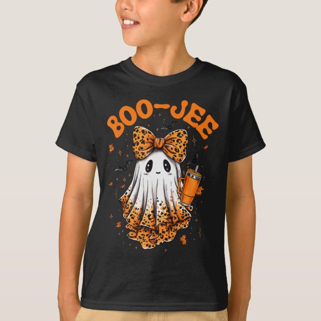 Cute Leopard Boo Jee Ghost Coffee Halloween Costum T Shirt (Framsida)