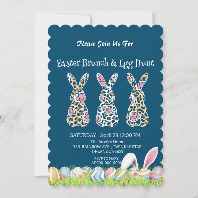 Cute Leopard bunny jagar ägg Glad påsk Party Inbjudningar (Framsida)