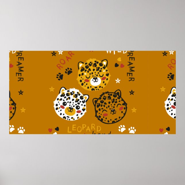 Cute Leopard Cat Ansikte Teckning. Little Funny Ch Poster (Framsidan)