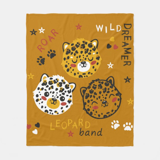 Cute Leopard Cat Face Drawing. Little Funny Cheeta Fleecefilt (Framsidan)