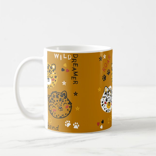 Cute Leopard Cat Face Drawing. Little Funny Cheeta Kaffemugg (Vänster)