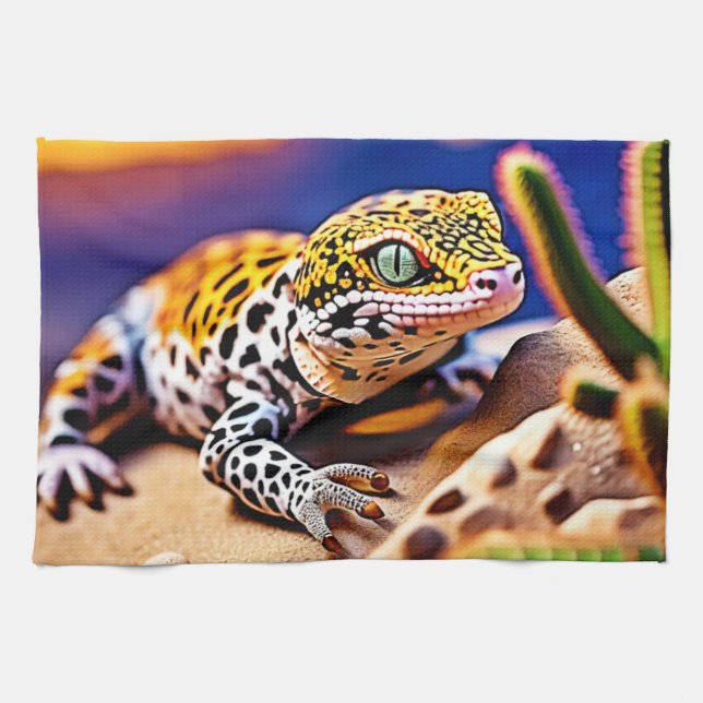 Cute Leopard Gecko Sunset Desert Design Kökshandduk (Horisontell)
