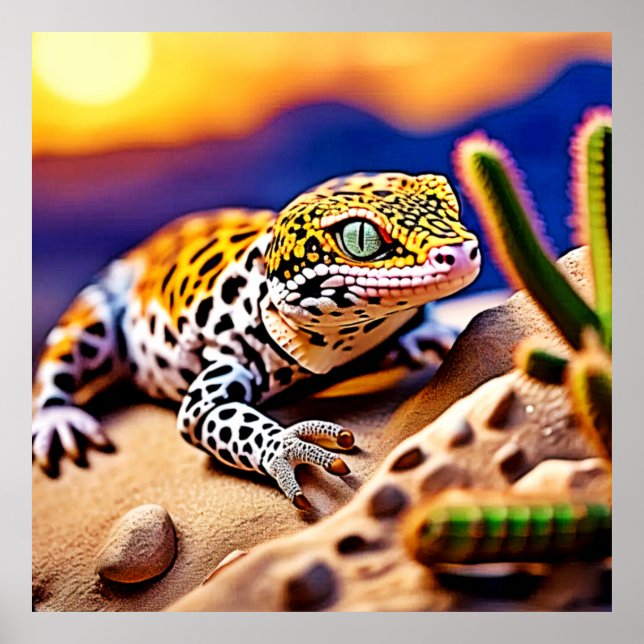 Cute Leopard Gecko Sunset Desert Design Poster (Framsidan)