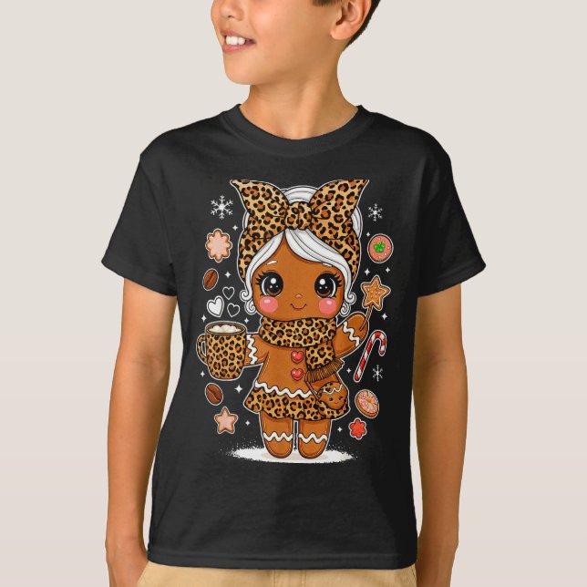 Cute Leopard Gingerbread Girl Coquette Bow Holiday T Shirt (Framsida)