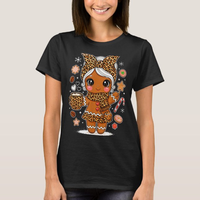 Cute Leopard Gingerbread Girl Coquette Bow Holiday T Shirt (Framsida)