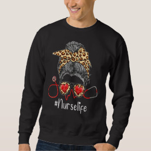 Cute Leopard Messy Bun Hair Nurse Life Nurse Lång Ärmad Tröja