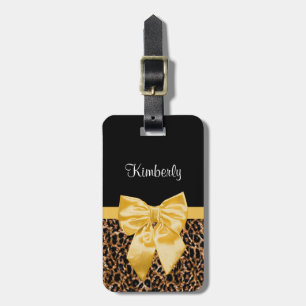 Cute Leopard Print Elegant Gult Bow and Namn Bagagebricka