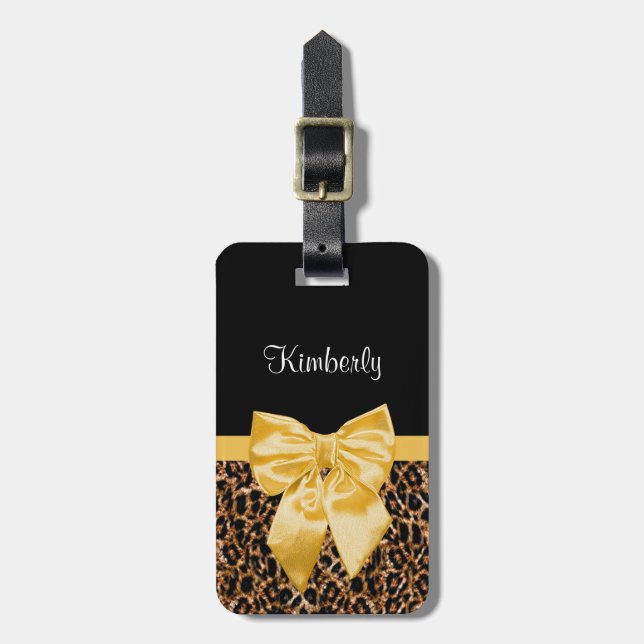 Cute Leopard Print Elegant Gult Bow and Namn Bagagebricka (Vertikal Framsida)