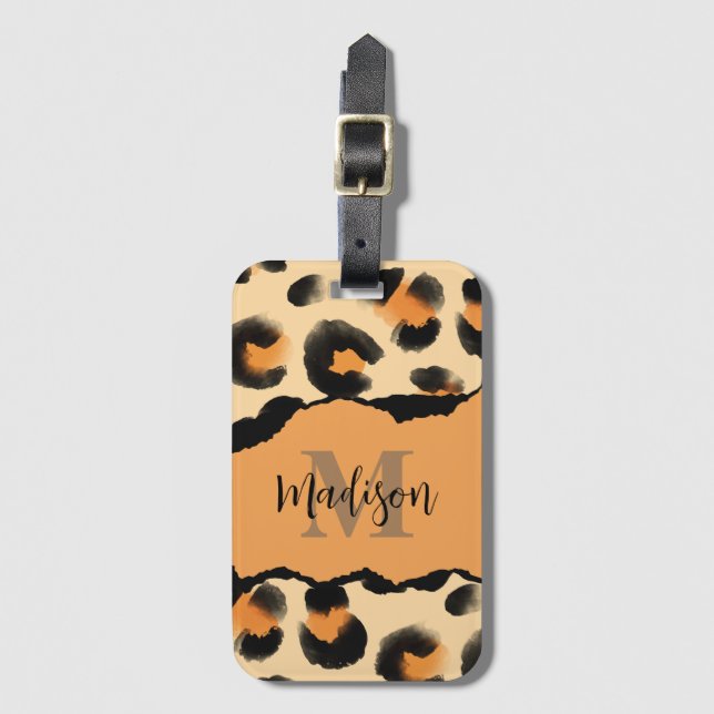 Cute Leopard Print Monogram Bagagebricka (Framsida vertikal)