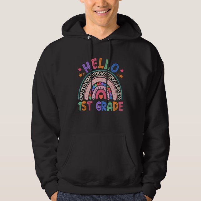 Cute Leopard Rainbow Hej 1:a Klass första dagen Hoodie (Framsida)