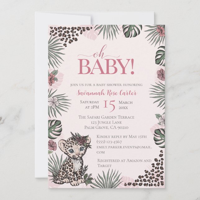 Cute Leopard Safari Girl Baby Shower Inbjudningar (Framsida)