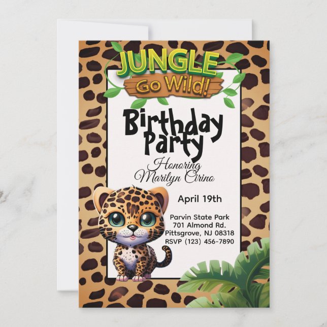 Cute Leopard Skriv ut Kattunge Go Vild Birthday 🐆 Inbjudningar (Framsida)