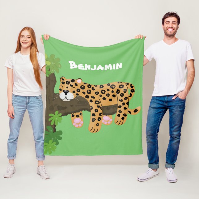 Cute leopard sover i tecknaden träd fleecefilt (På plats)