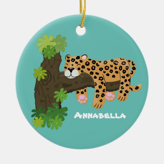 Cute leopard sover i tecknaden träd julgransprydnad keramik (Framsidan)
