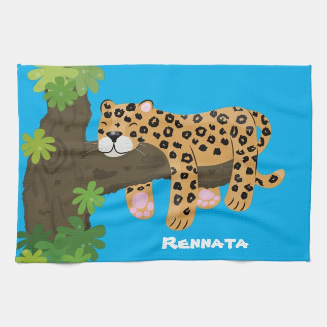 Cute leopard sover i tecknaden träd kökshandduk (Horisontell)