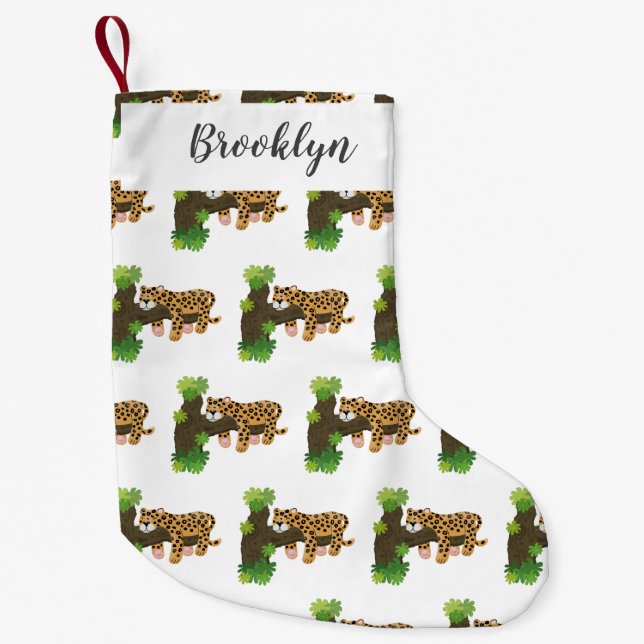 Cute leopard sover i tecknaden träd liten julstrumpa (Framsidan)