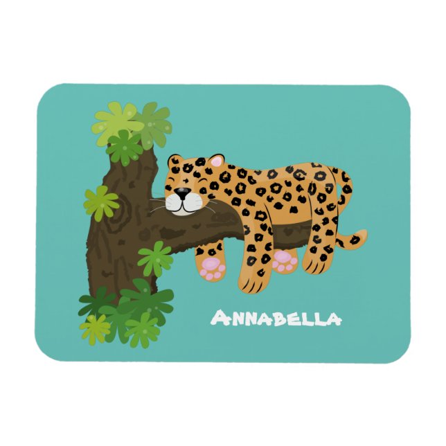 Cute leopard sover i tecknaden träd magnet (Horisontell)
