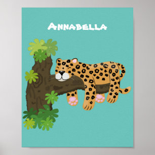 Cute leopard sover i tecknaden träd poster
