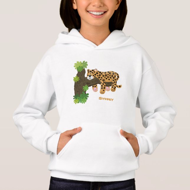Cute leopard sover i tecknaden träd t shirt (Framsida)