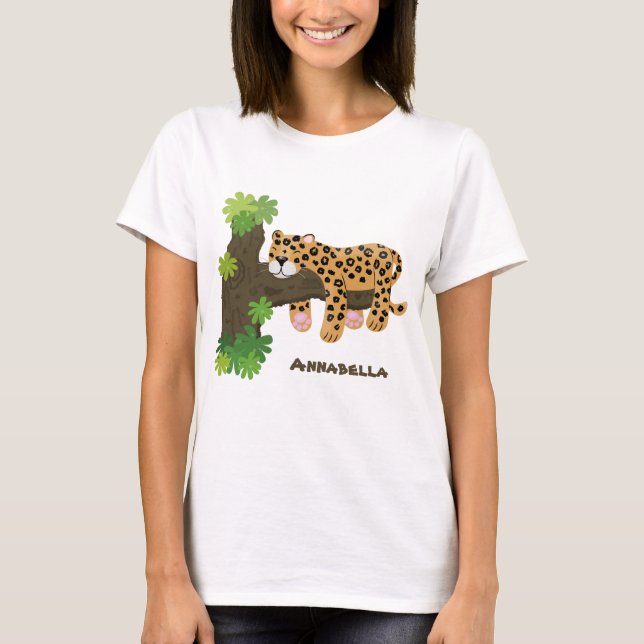 Cute leopard sover i tecknaden träd t shirt (Framsida)