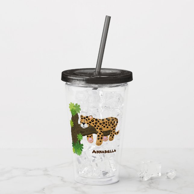 Cute leopard sover i tecknaden träd take away mugg (Baksida Ice)