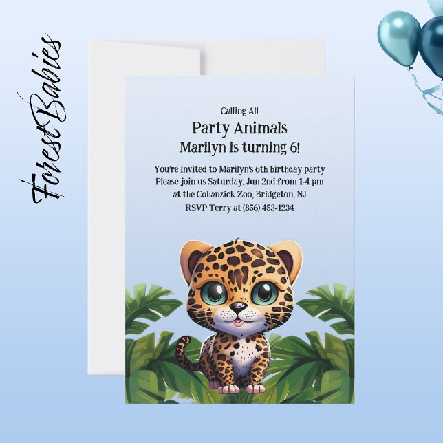 Cute Leopard Tropical Jungle Safari Party Animal Inbjudningar (Leopard 🐆  Tropical Birthday 🌴 Party Animal Customizable ForestBabies Invitation)