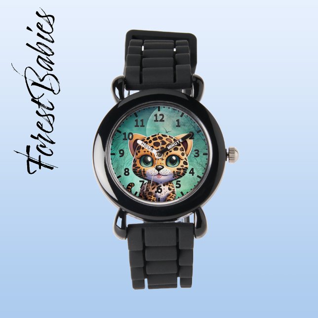Cute Leopard Whimsical Enchanted Forest Måne Kids Armbandsur (Leopard 🐆 Forest Moon Customizable ForestBabies Kids Watch)