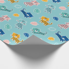 Cute Leopards med djungel blad på Aqua Blue Presentpapper