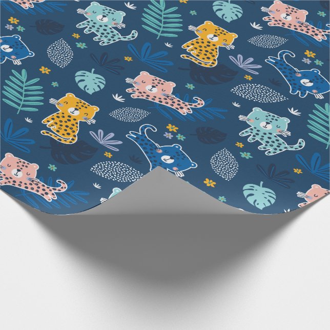 Cute Leopards med djungeln blad blue Presentpapper (Hörn)