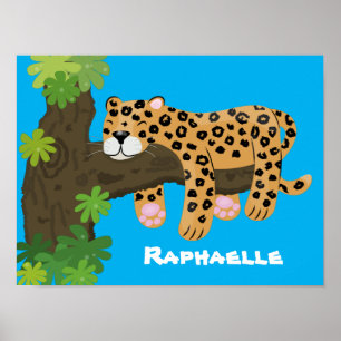 Cute leopards sovande tecknad illustration poster