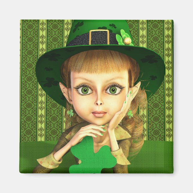 Cute Leprechaun Shamrock Girl Magnet (Framsidan)