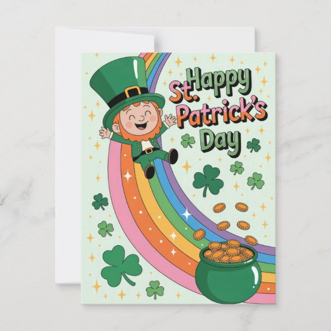 Cute Leprechaun with Rainbow St. Patrick's Day Julkort (Framsida)