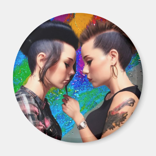 Cute Lesbisk par Regnbågskonst Magnet (Framsidan)