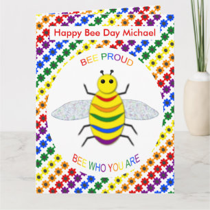 Cute LGBT Bee Proud Rainbow and Flowers Birthday Kort