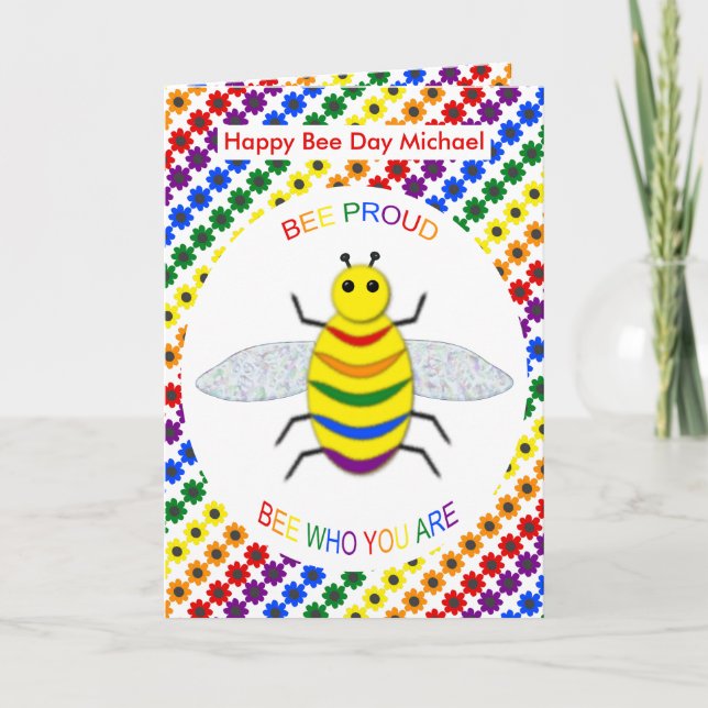 Cute LGBT Bee Proud Rainbow and Flowers Birthday Kort (Framsida)