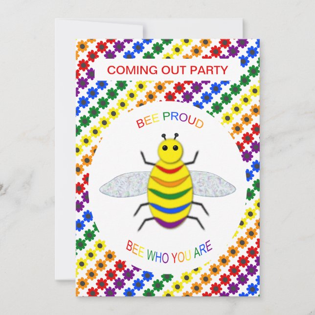 Cute LGBT Proud Rainbow Bee and Flowers Comout Inbjudningar (Framsida)