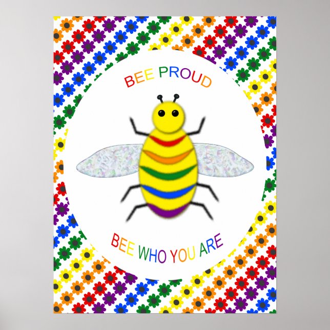 Cute LGBT Proud Rainbow Bee and Flowers Poster (Framsidan)