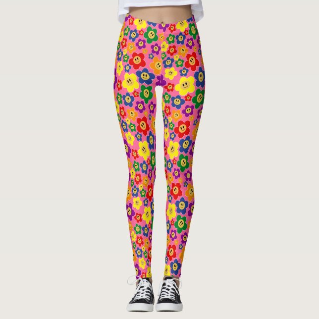 Cute LGBT Rainbow Flower Mönster-Rosa Leggings (Framsida)