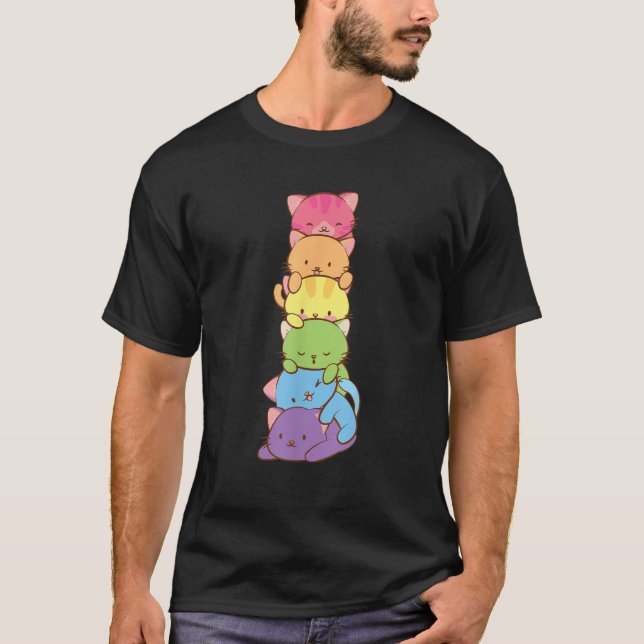 Cute LGBT Rainbow Gay pride Flagga Kawaii Cat Pile T Shirt (Framsida)
