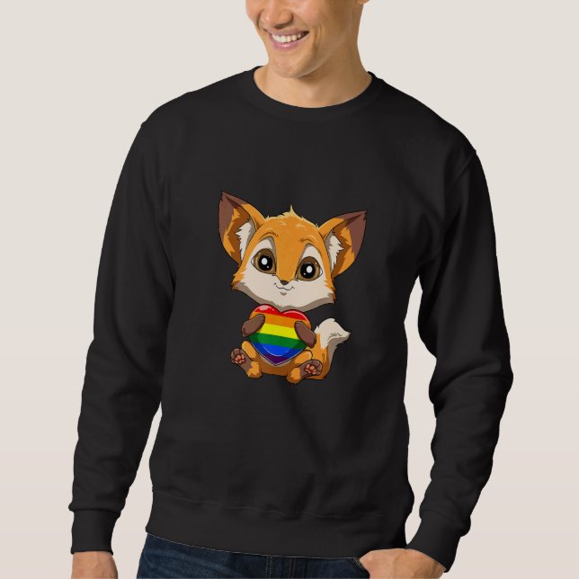 Cute LGBTQ Pride Rainbow Heart Fox Hugging LGBTQ H Lång Ärmad Tröja (Framsida)