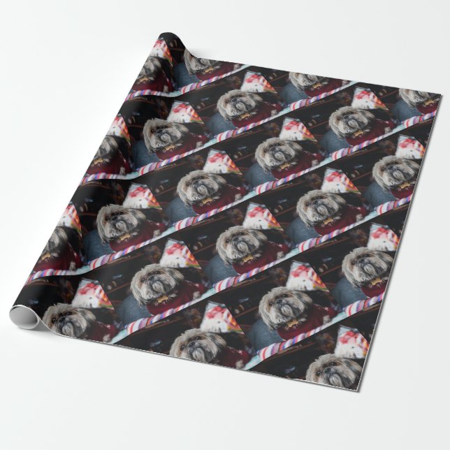 Cute lhasa apso puppy at Christmas b Presentpapper (Utrullad)