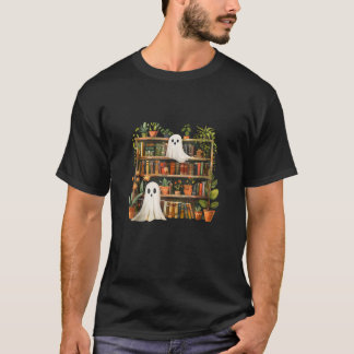 Cute Librarian Spooky Ghost Bookshelves Plant Bok T Shirt