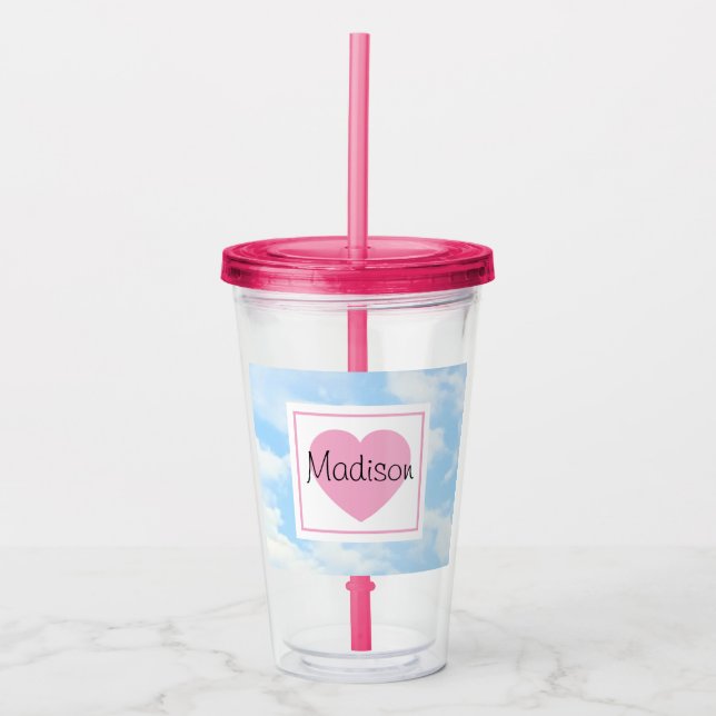 Cute Light Blue Cloudy Sky Pink Heart Custom Name Take Away Mugg (Framsida)