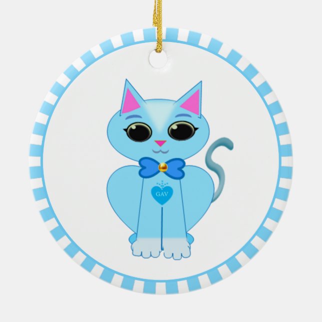 Cute light blue kattunge och blue ray julgransprydnad keramik (Baksidan)