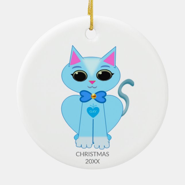 Cute light blue kattunge & text julgransprydnad keramik (Baksidan)