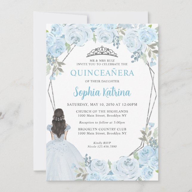 Cute Light Blue Silver Blommigt Princess Quinceañe Inbjudningar (Framsida)