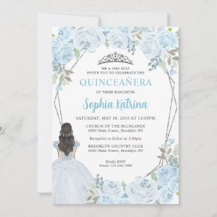 Cute Light Blue Silver Blommigt Princess Quinceañe Inbjudningar