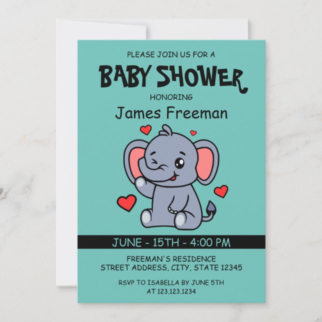 Cute Light Teal Vector Boy Elephant Baby Shower Inbjudningar (Framsida)