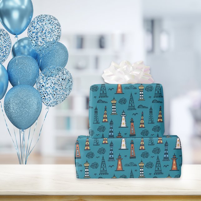 Cute Lighthouse Mönster | Mörk Teal Presentpapper (Skapare uppladdad)